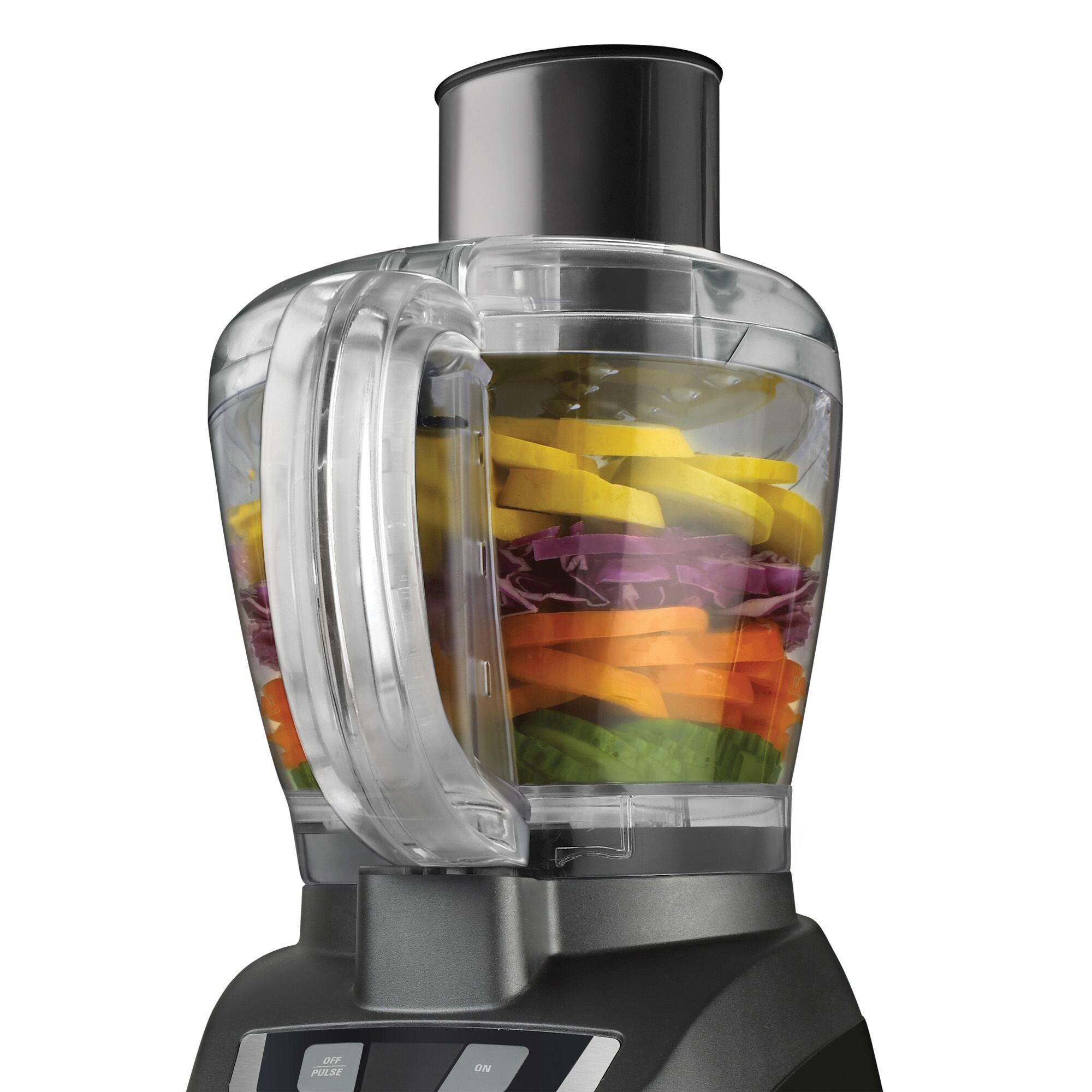 Close view of the BLACK+DECKER FP1600B bowl, feed chute and upper base