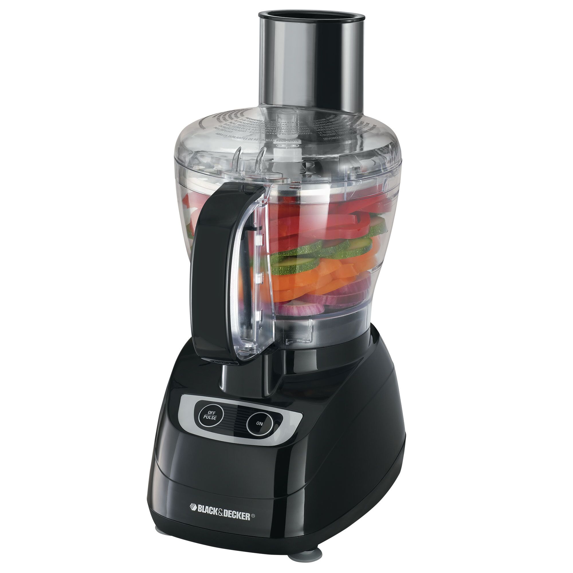 BLACK+DECKER FP1700B-named : image montrant la base noire du robot, la cuve transparente avec poignée, la cheminée d’alimentation et le panneau de commande à deux boutons