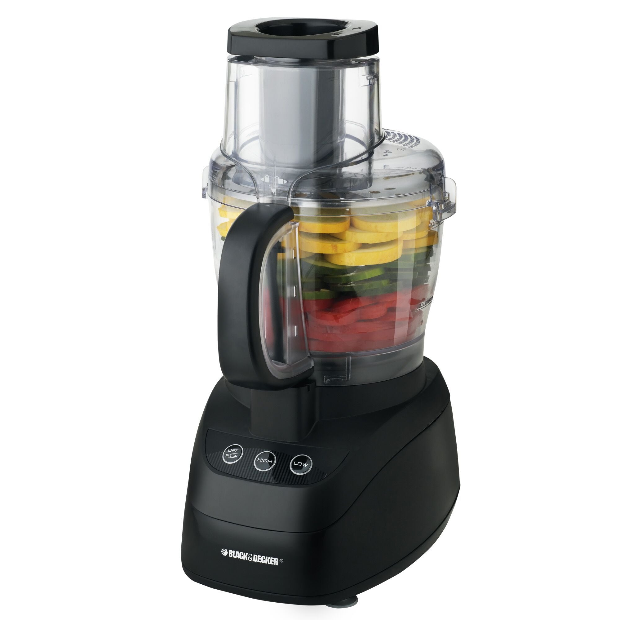 BLACK+DECKER FP2500B wide-mouth processor with black base, clear bowl and feed chute