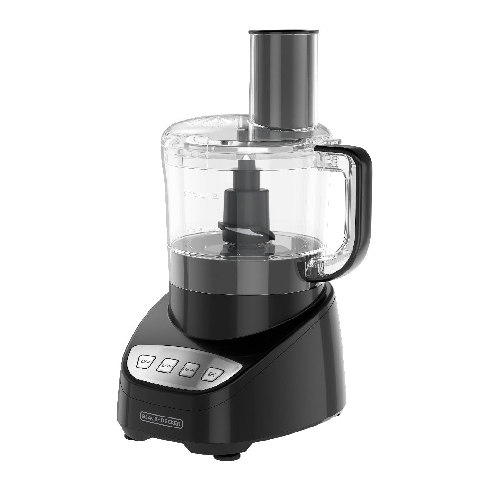 BLACK+DECKER FP4100B black 8-cup processor with clear bowl, tall pusher and control panel