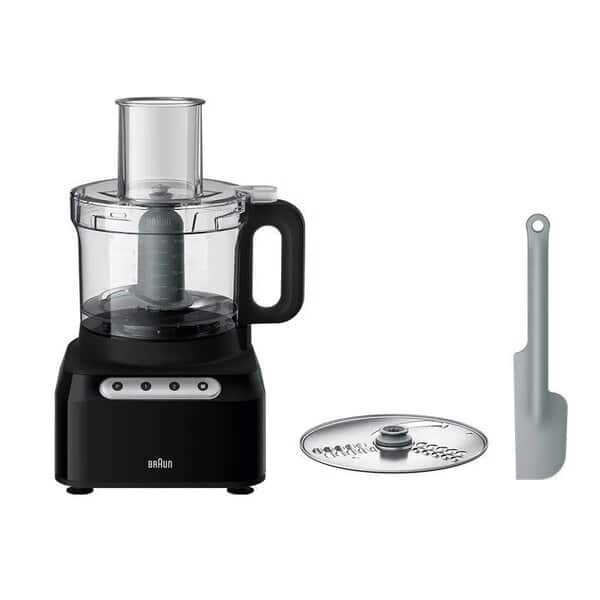 Braun EasyPrep FP3101BK black 8-cup processor with its reversible disc and spatula