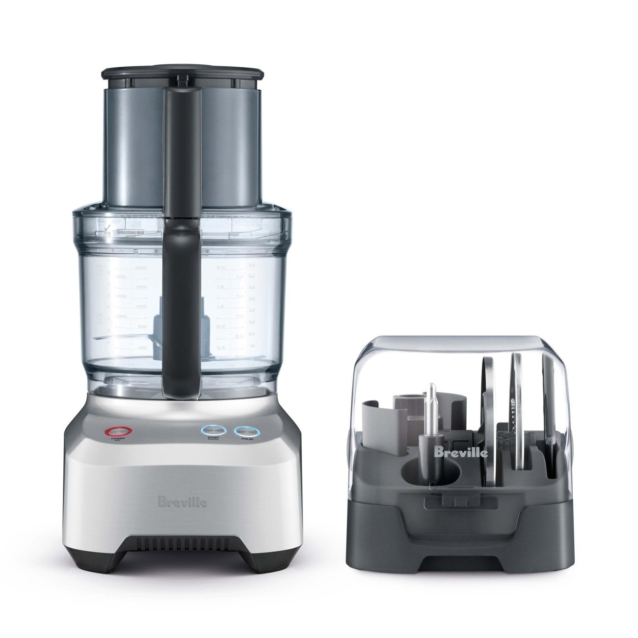 Breville BFP680BALUSC Sous Chef 12 Plus in Brushed Aluminum with main bowl and separate storage case