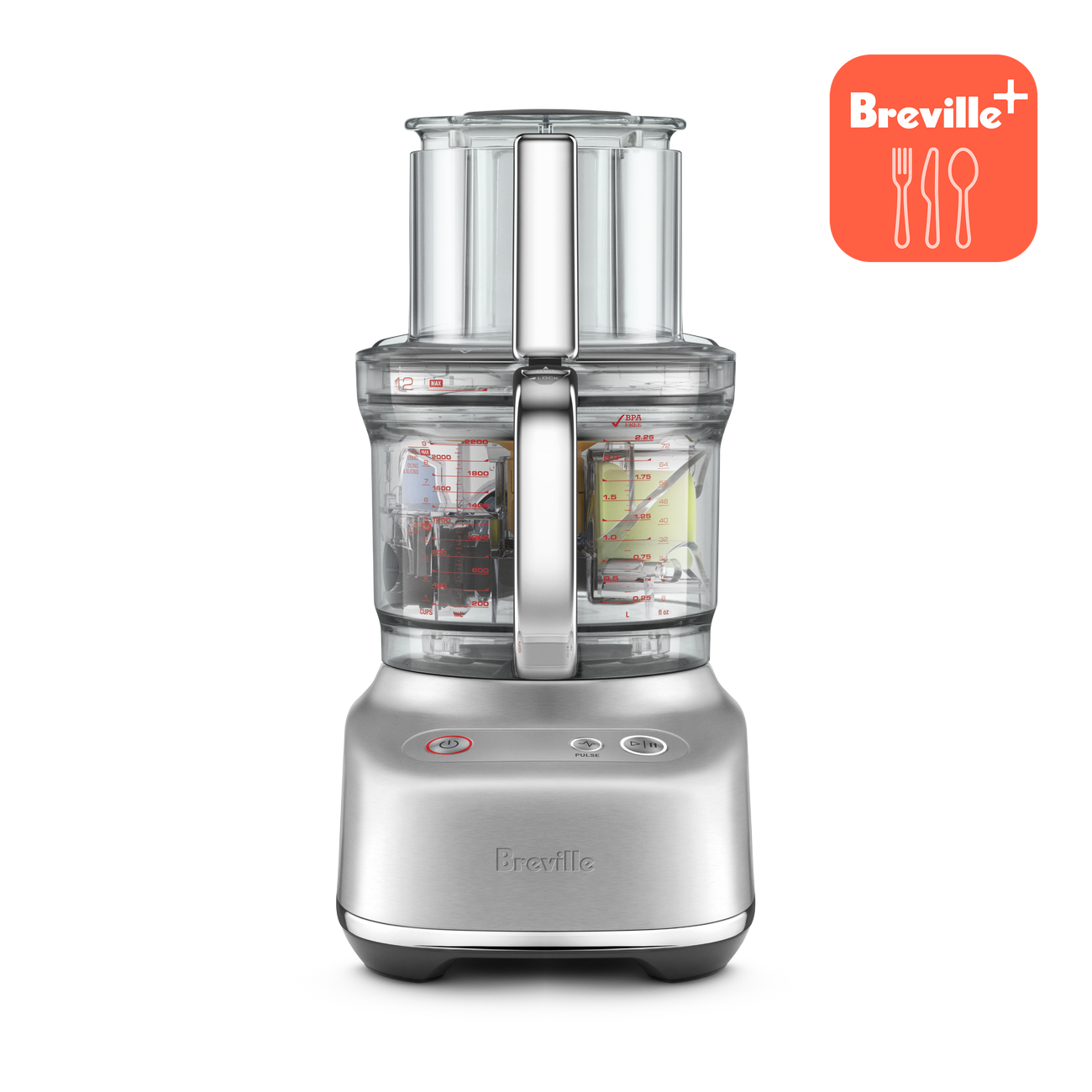 Breville BFP710BSS1BNA1 Sous Chef 12 Brushed Stainless Steel food processor with its 12-cup bowl, chute and in-bowl caddy