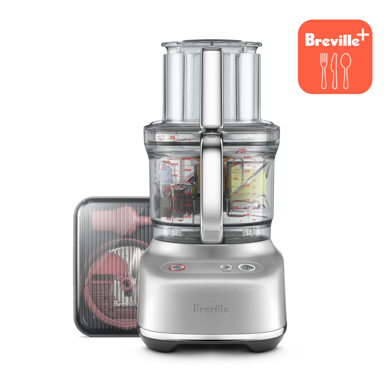 Breville Paradice 12 BFP738BSS1BNA1 in Brushed Stainless Steel with its clear bowl, chute and caddy visible