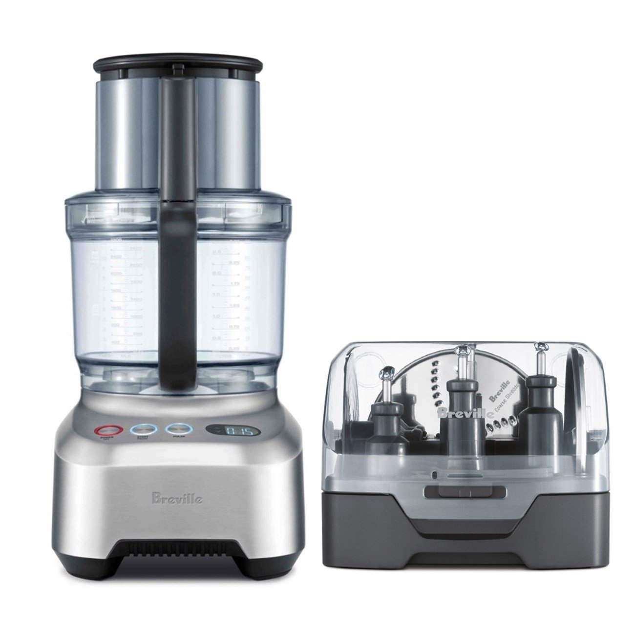 Breville BFP800XL Sous Chef 16 Pro, silver base with clear bowl/chute and a side accessory storage box