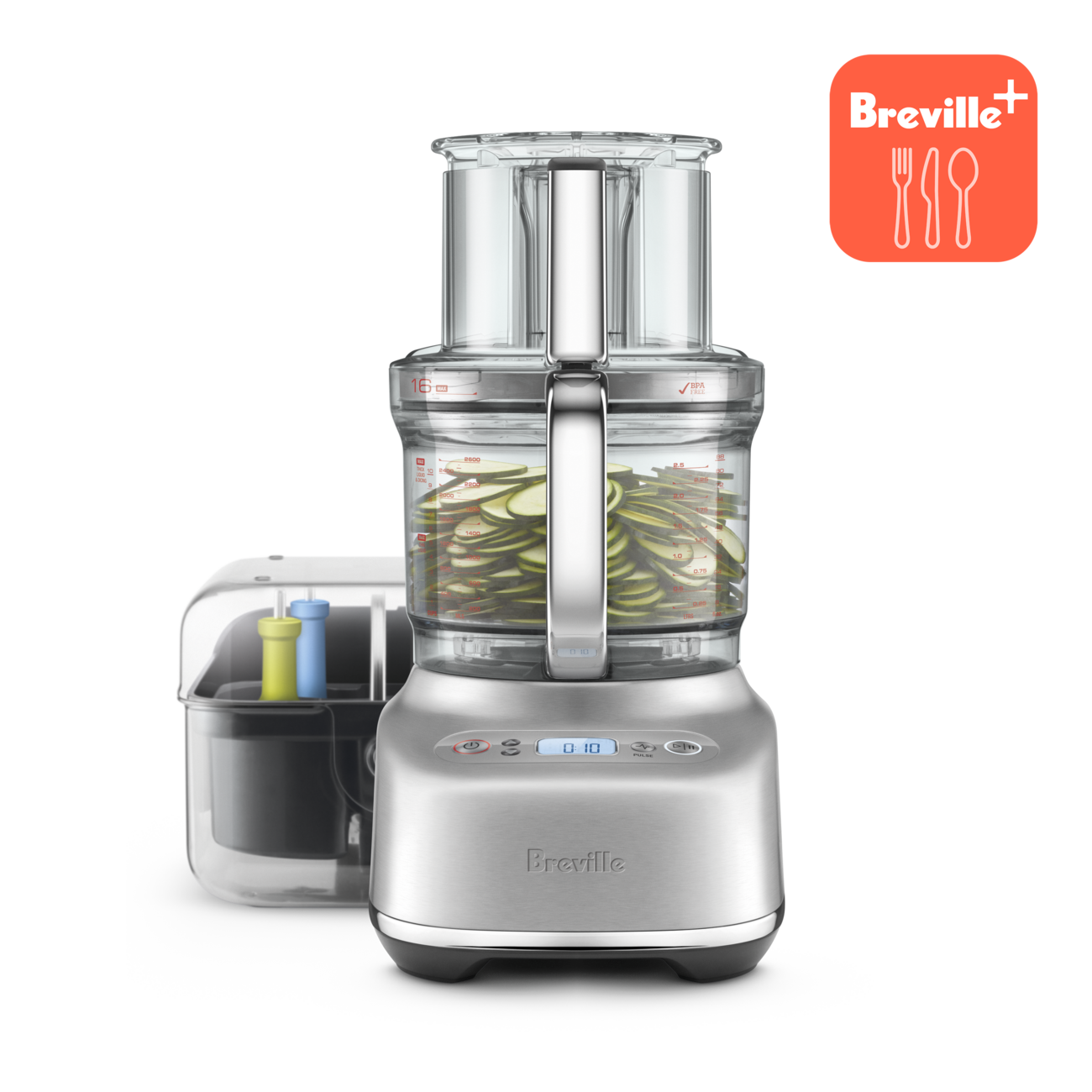 Breville BFP810BSS1BNA1 in Brushed Stainless Steel with its work bowl, chute, food and storage presentation