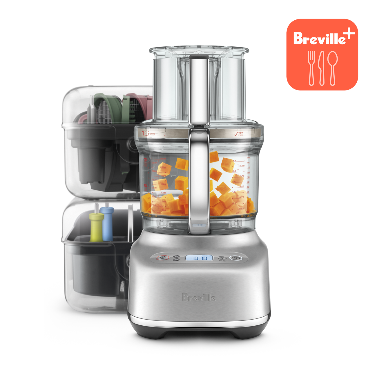 Breville Paradice 16 BFP838BSS1BNA1 in Brushed Stainless Steel with 16-cup bowl, dicing tools and storage boxes shown