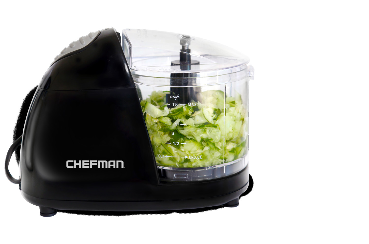 Hachoir RJ12 noir Chefman, doté d’un bol transparent de 1.5 tasses, présenté dans la fiche produit du fabricant.