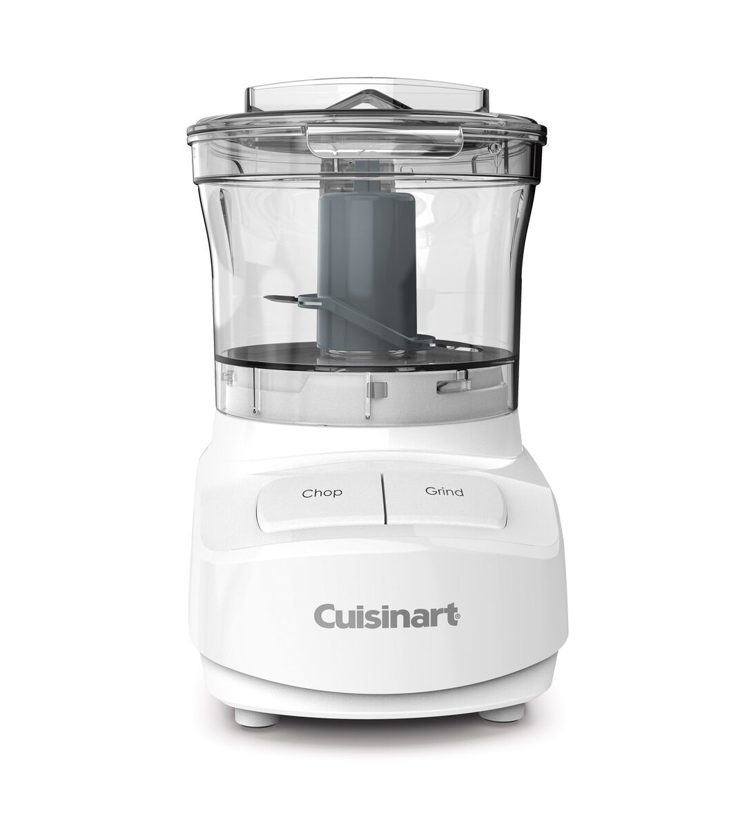 White Cuisinart CCH-3 three-cup mini chopper with clear handled bowl, metal blade assembly, cover, and labeled Chop and Grind buttons