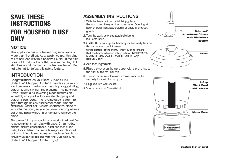 Cuisinart CH-4 Series manual page with the four-cup work bowl, cover, BladeLock blade and motor-base line diagram; not a retail photo or finish reference.