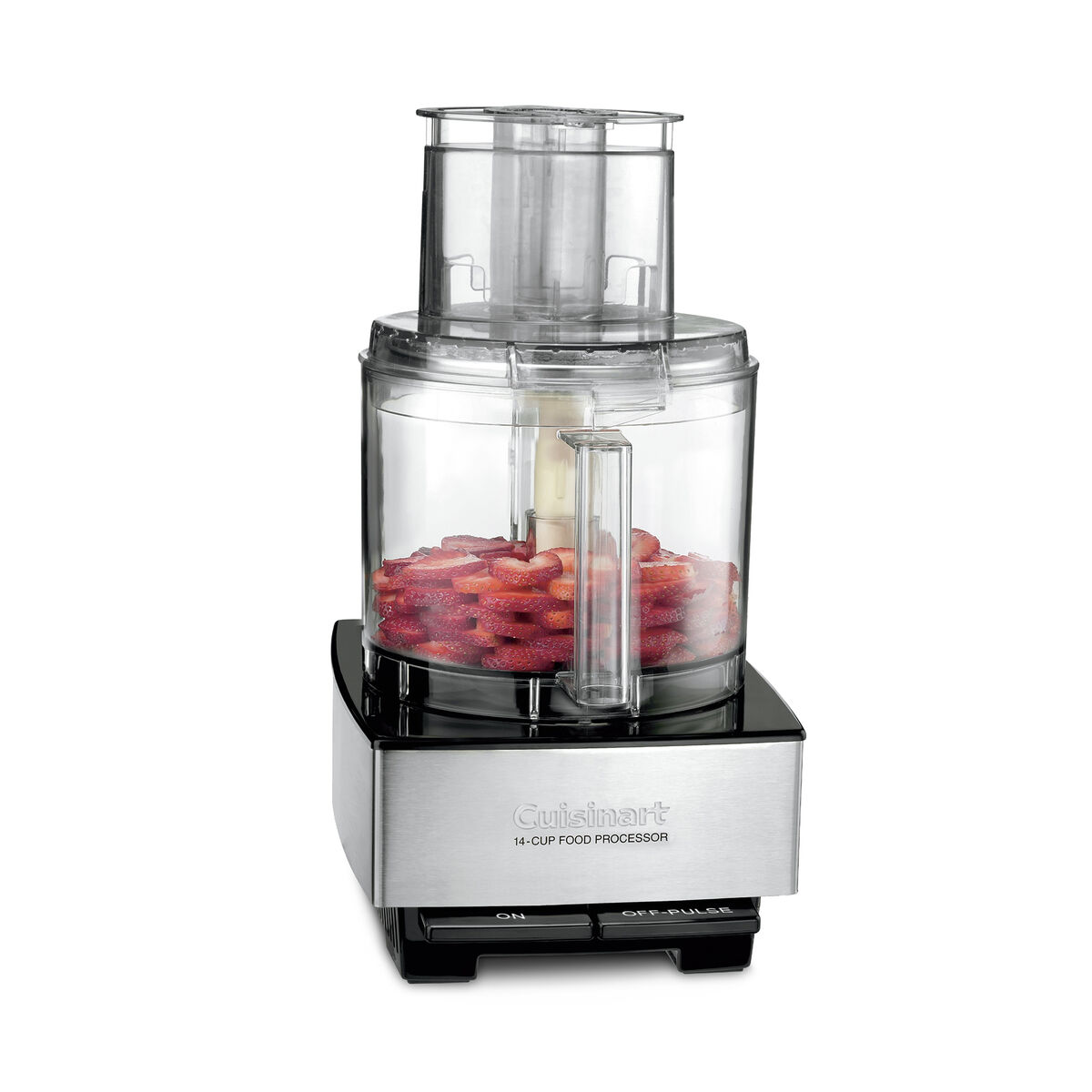 Cuisinart Custom 14 DFP-14BCNY brushed-stainless food processor with clear work bowl, extra-large feed tube and strawberries inside