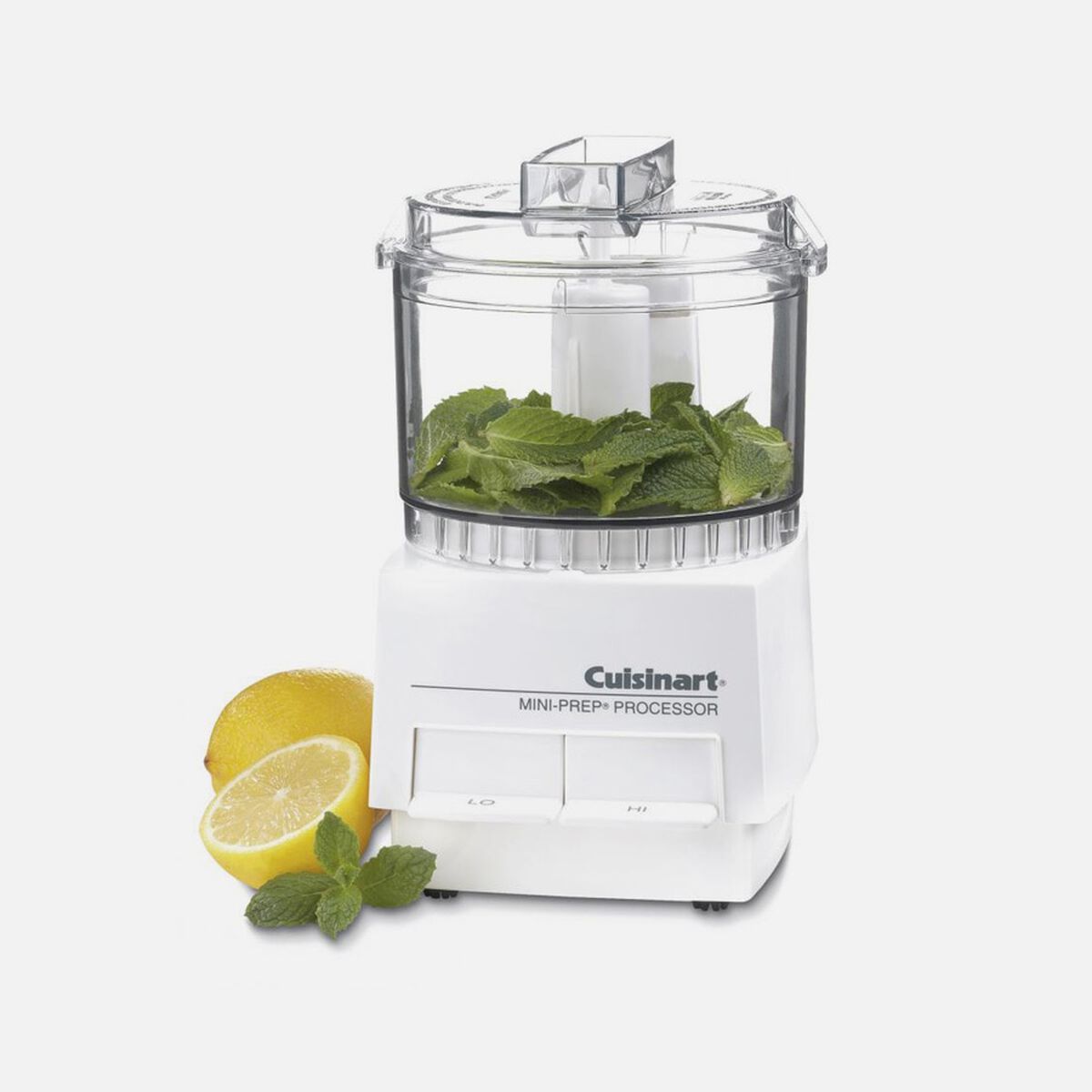 White DLC-1 Mini-Prep with clear 21-ounce bowl, lid, and two LO/HI controls.