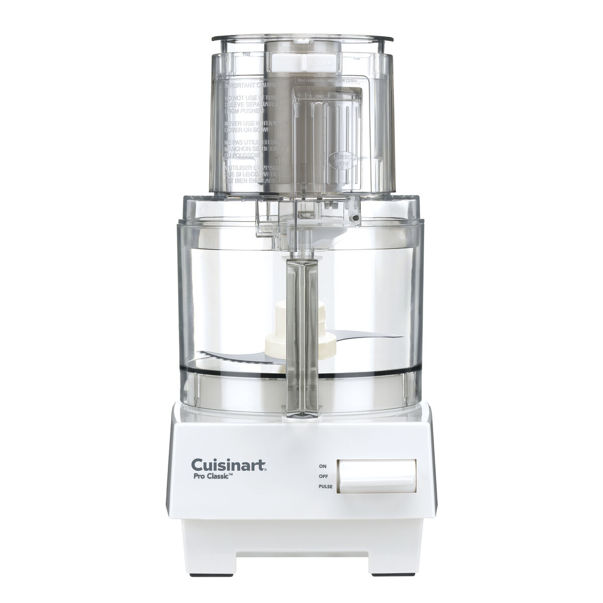Image produit du Cuisinart Pro Classic DLC-10SYP1 blanc P1, montrant la cuve transparente, la goulotte d’alimentation et le commutateur avant ON/OFF/PULSE
