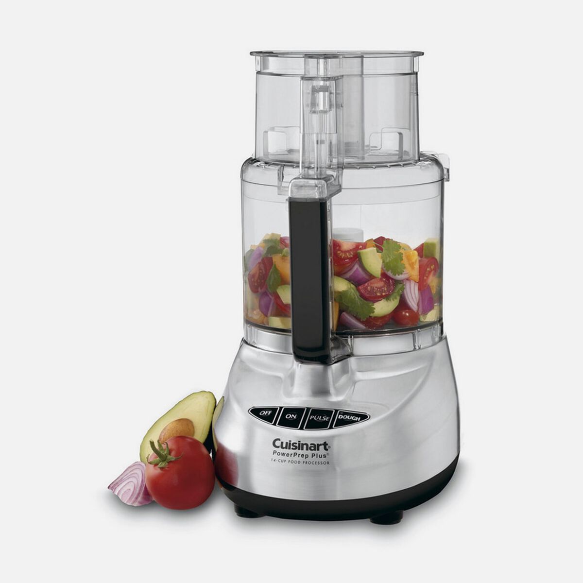 Cuisinart PowerPrep Plus DLC-2014CHB Brushed Chrome 14-cup food processor with a wide-mouth feed tube and clear work bowl