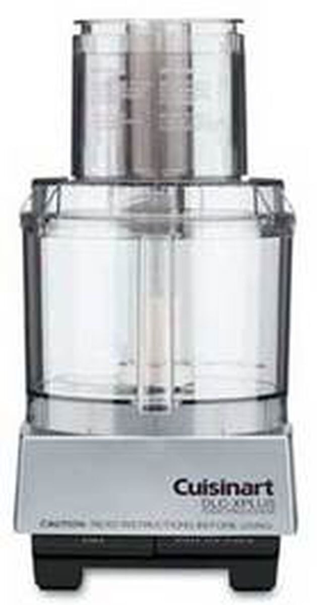 Robot culinaire Cuisinart DLC-XPBCN Plus de 20 tasses en finition Brushed Chrome, montrant le socle de marque et le grand ensemble transparent du bol et de la cheminée d’alimentation