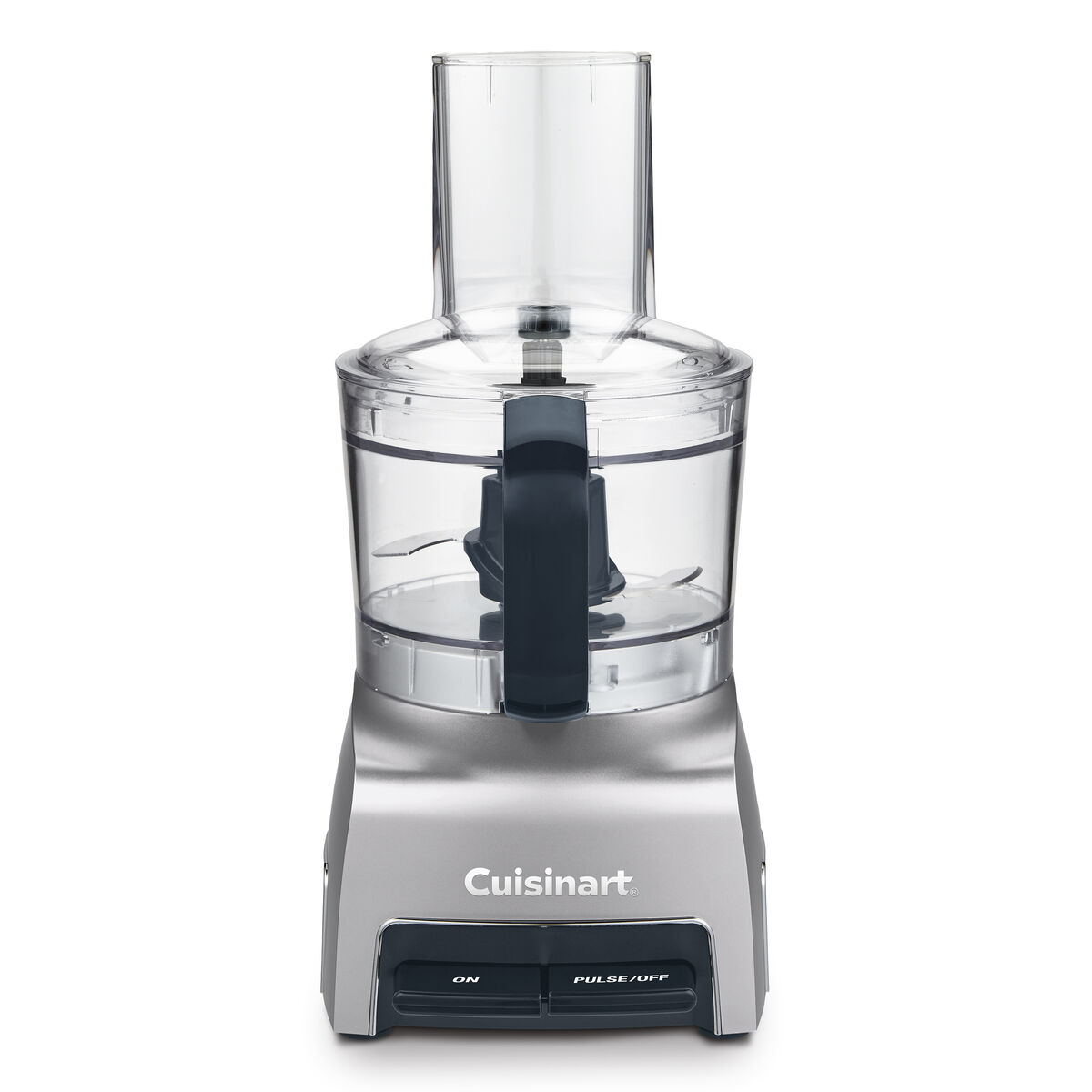 Cuisinart FP-5 silver five-cup food processor with clear handled bowl, wide-mouth feed chute and ON/PULSE-OFF controls