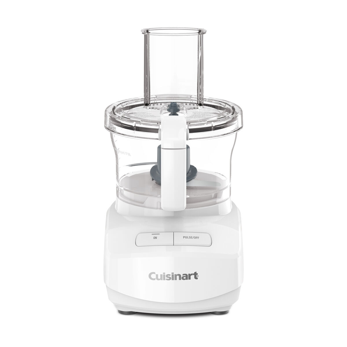 White Cuisinart FP-7 seven-cup food processor with clear bowl, feed assembly and ON/PULSE-OFF buttons