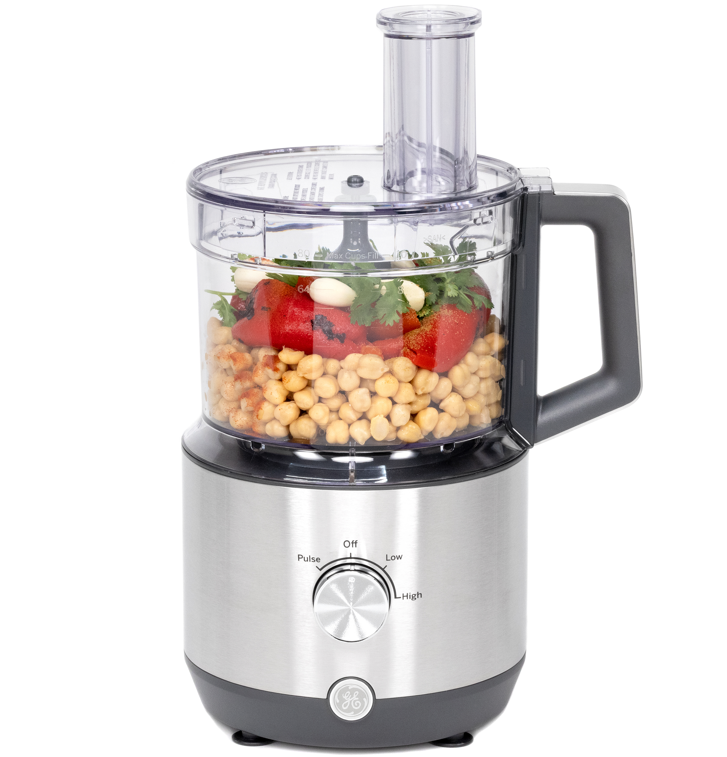 GE G8P0AASSPSS stainless food processor with clear 12-cup bowl and feed tube