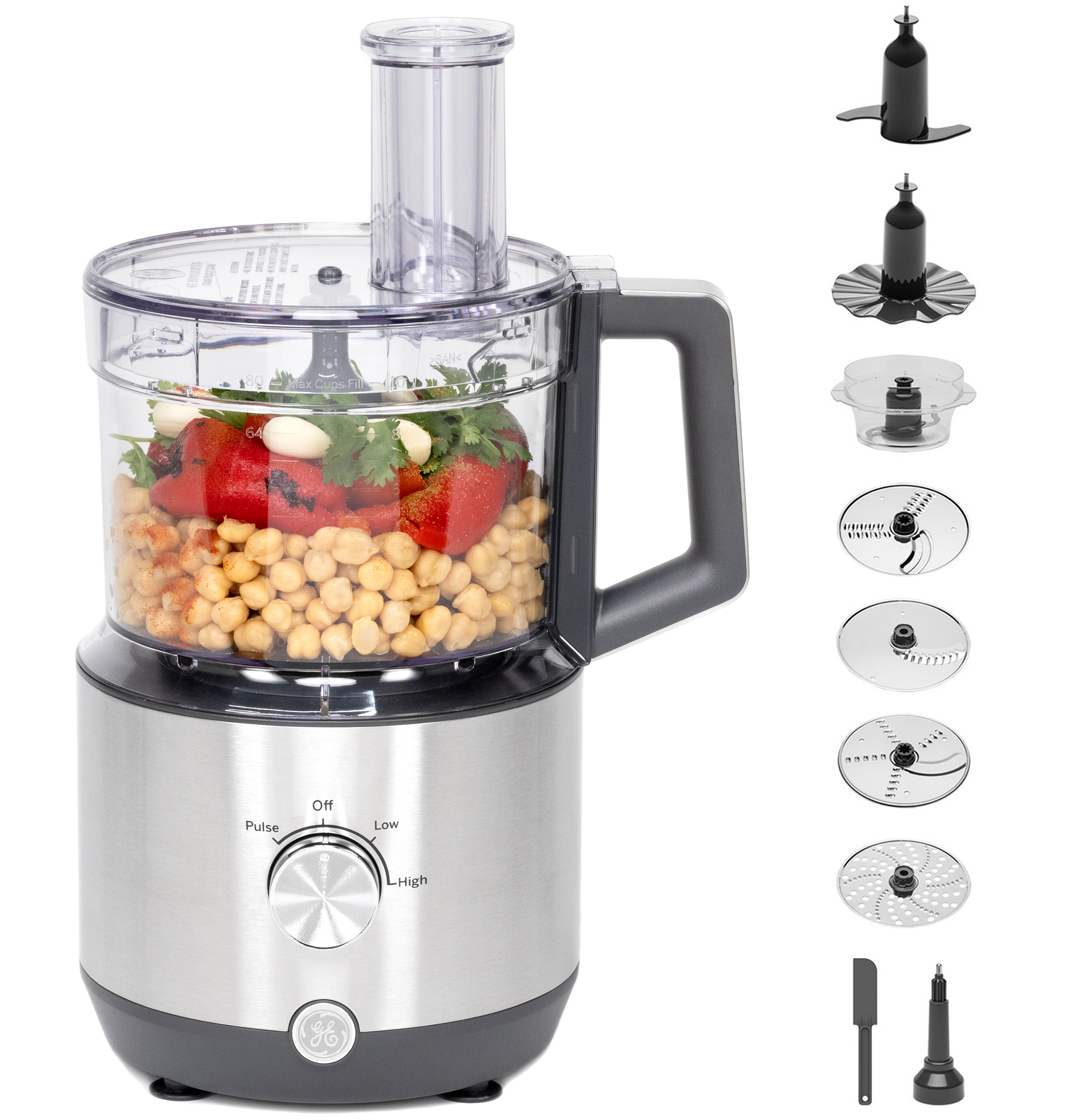 GE G8P1AASSPSS stainless 12-cup food processor with a manufacturer montage of accessory discs and bowls