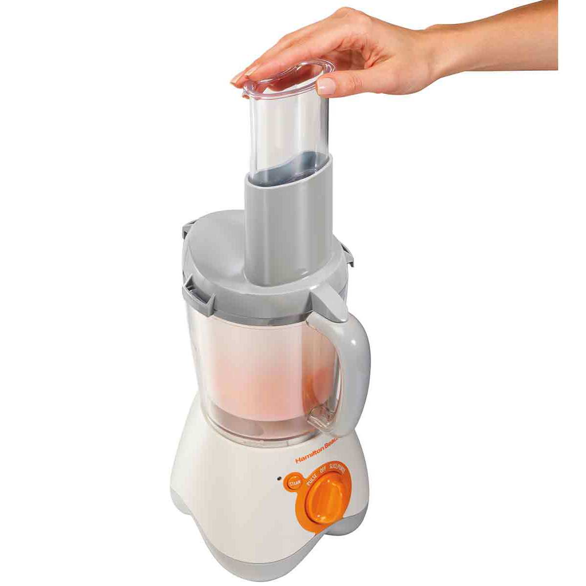 Robot multifonction pour bébé Hamilton Beach 36533, avec bol de travail transparent, goulotte d’alimentation verticale et commandes orange