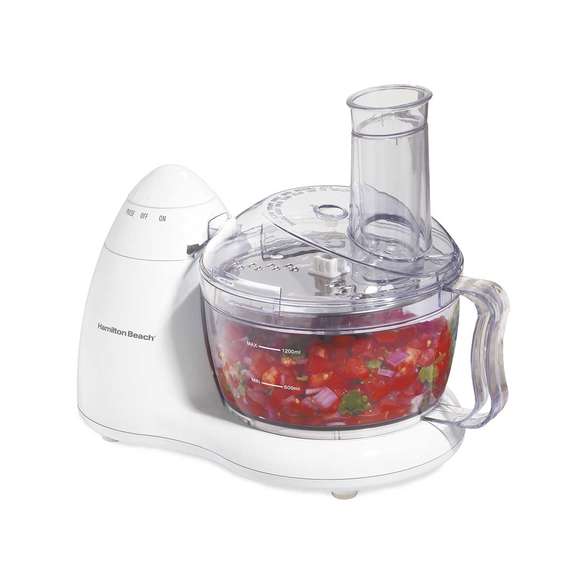 White Hamilton Beach 70450 8-cup food processor with clear handled bowl and standard feed chute