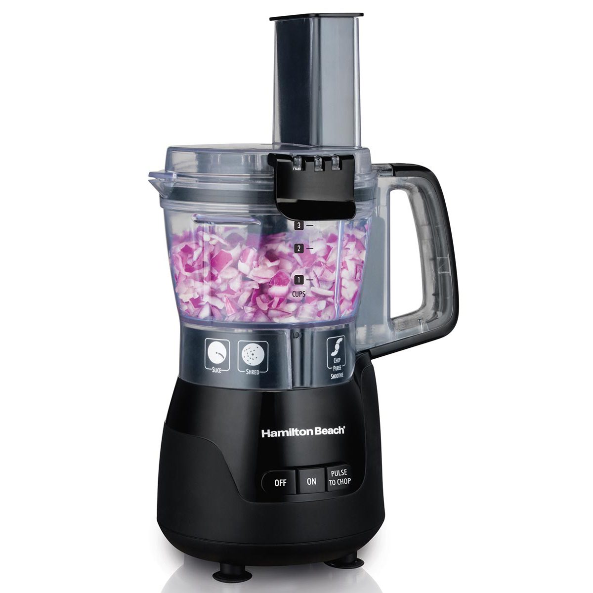 Black Hamilton Beach Stack & Snap 70510 four-cup food processor with one clear handled bowl, standard feed chute and OFF/ON/PULSE controls