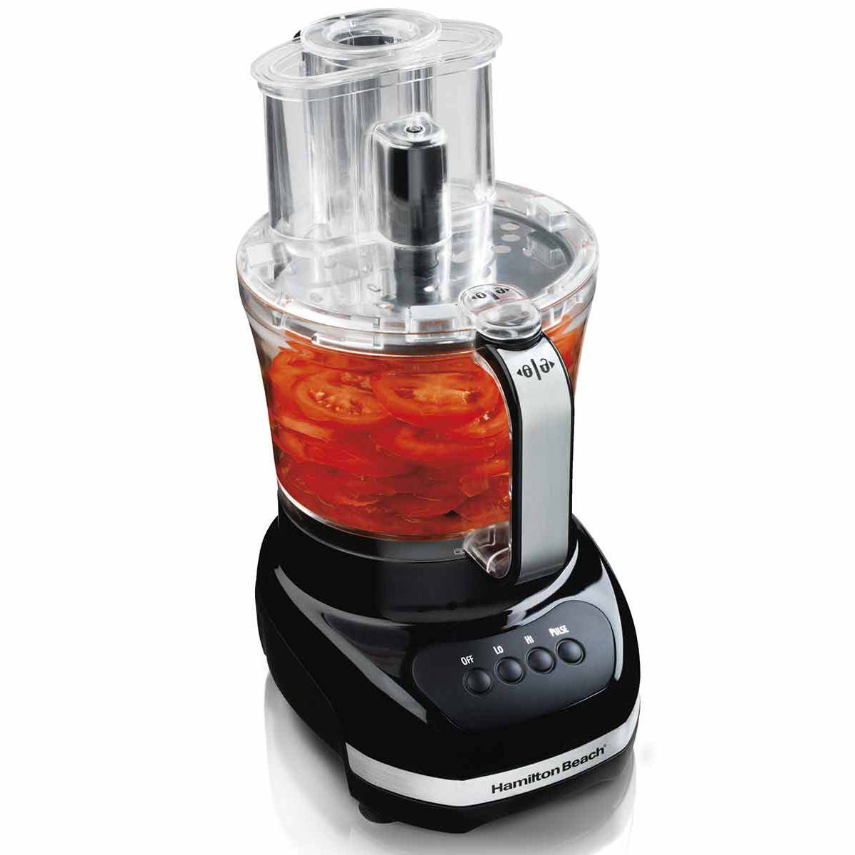 Black Hamilton Beach Big Mouth Duo 70580 food processor with clear work bowl, feed tube and control buttons