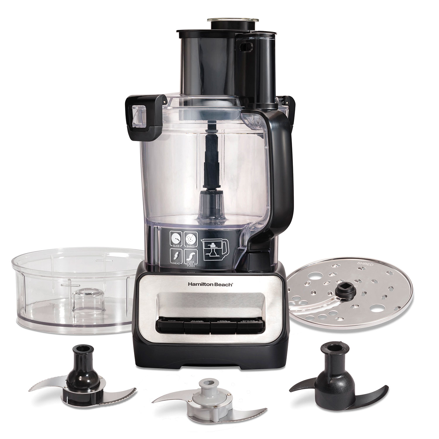 Hamilton Beach 70585 black Stack & Snap Duo processor shown with its 14-cup bowl, nested small bowl, reversible disc, two steel chopping blades and plastic dough blade arranged below