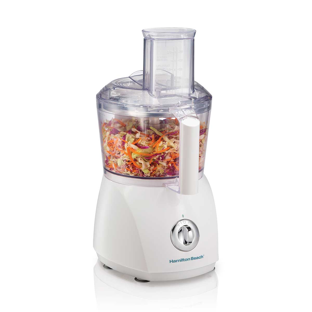 Robot culinaire ChefPrep blanc Hamilton Beach 70610K 10-cup, présenté avec son bol transparent et sa grande goulotte d’alimentation.