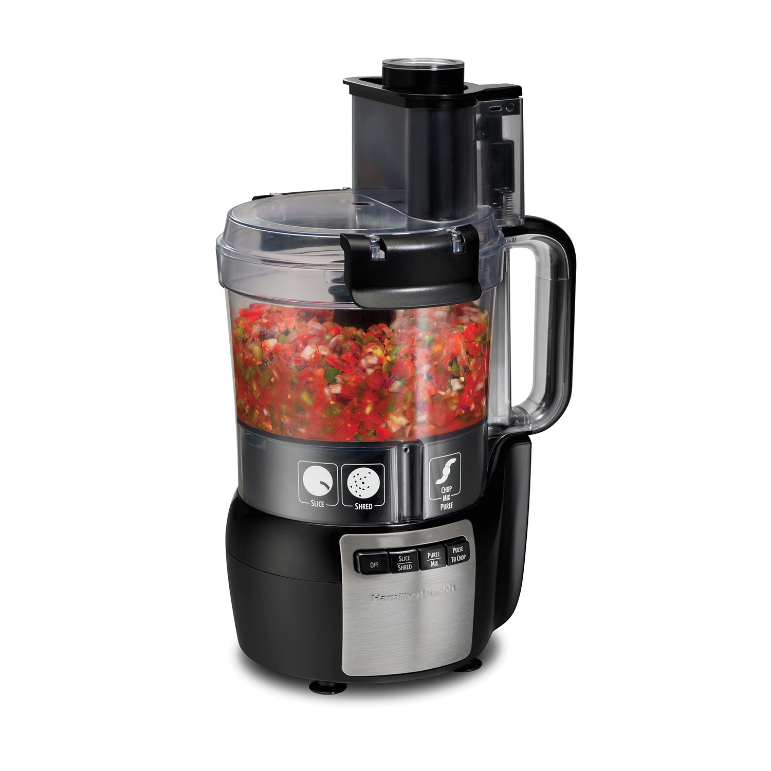 Hamilton Beach 70721 robot culinaire 10-cup noir et acier inoxydable avec bol transparent muni d’une poignée, ensemble d’alimentation et boutons de fonction à l’avant ; les aliments disposés sont à titre illustratif