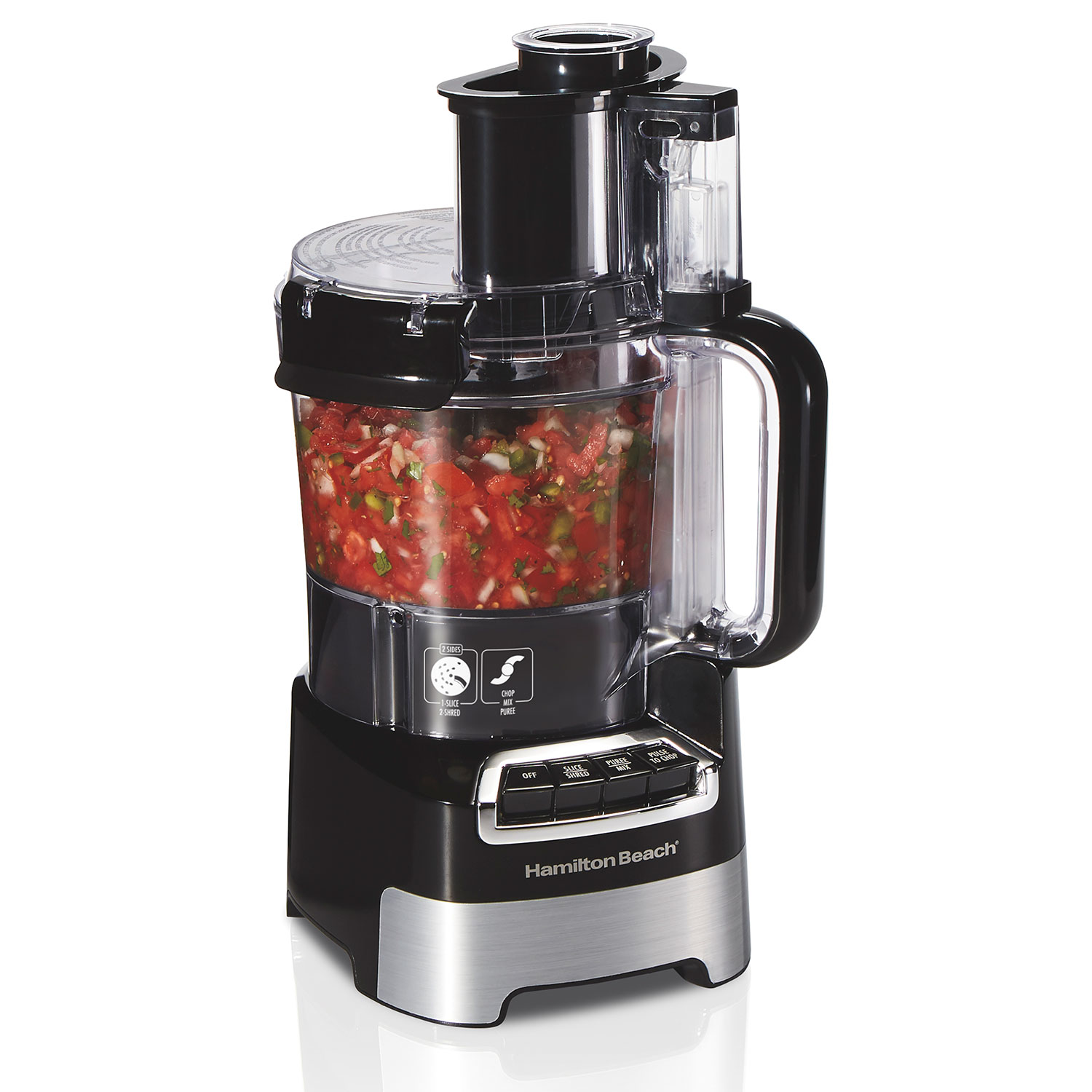 Hamilton Beach 70723G black and stainless 10-cup processor with clear sealed bowl, Big Mouth feed chute and control buttons
