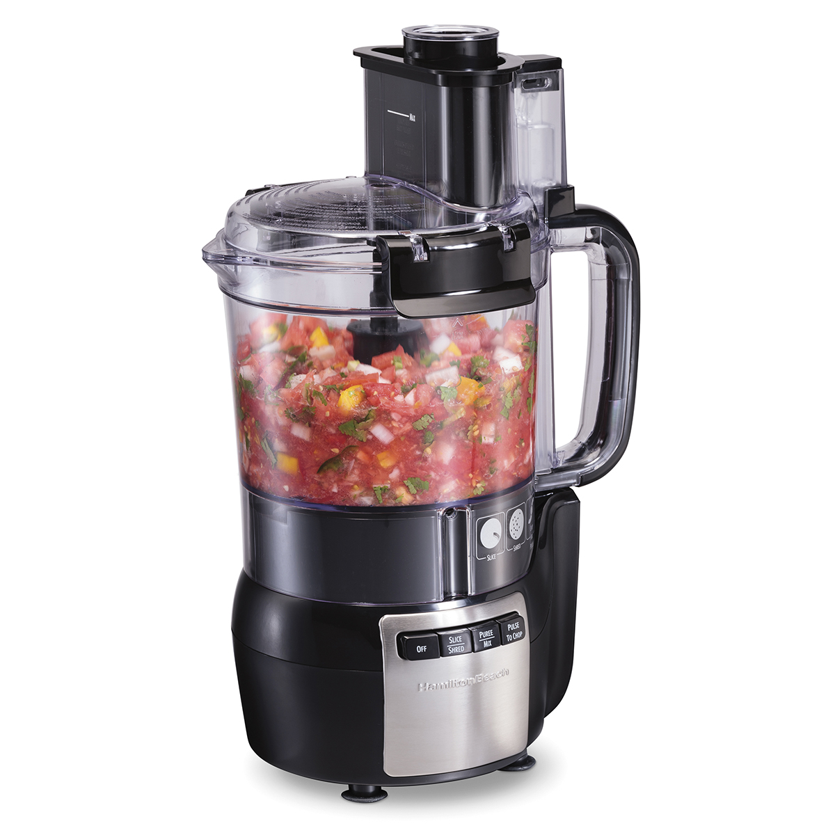 Hamilton Beach 70724 black-and-stainless 12-cup processor with a clear handled bowl, large feed chute and front task buttons; staged salsa is illustrative.