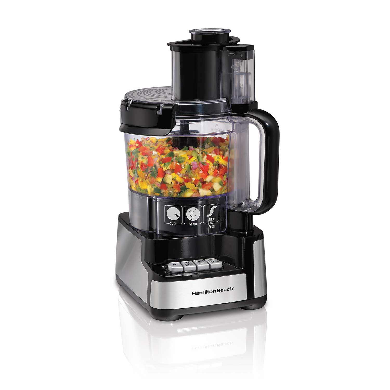 Hamilton Beach Stack & Snap 12-cup food processor in black and stainless with clear bowl, two-in-one chute and front controls; exact page identifies model 70725AG