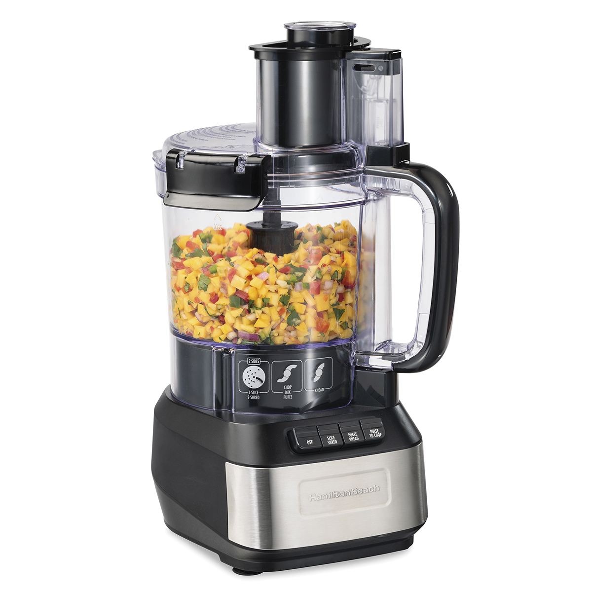 Black and stainless Hamilton Beach Stack & Snap 12-cup processor 70727G with one clear bowl, feed chute, pushers and control panel