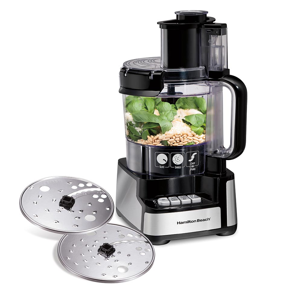 Robot culinaire 12-cup noir et inox Hamilton Beach 70728, avec bol et deux disques séparés en acier inoxydable