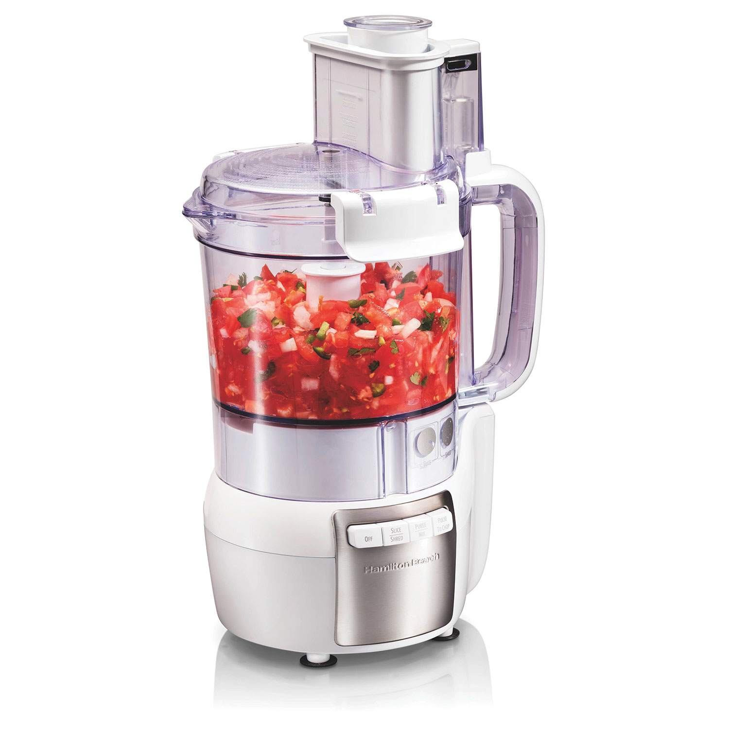 Exact Hamilton Beach 70729FG silver 12-cup food processor with clear handled bowl, broad feed chute and staged salsa.