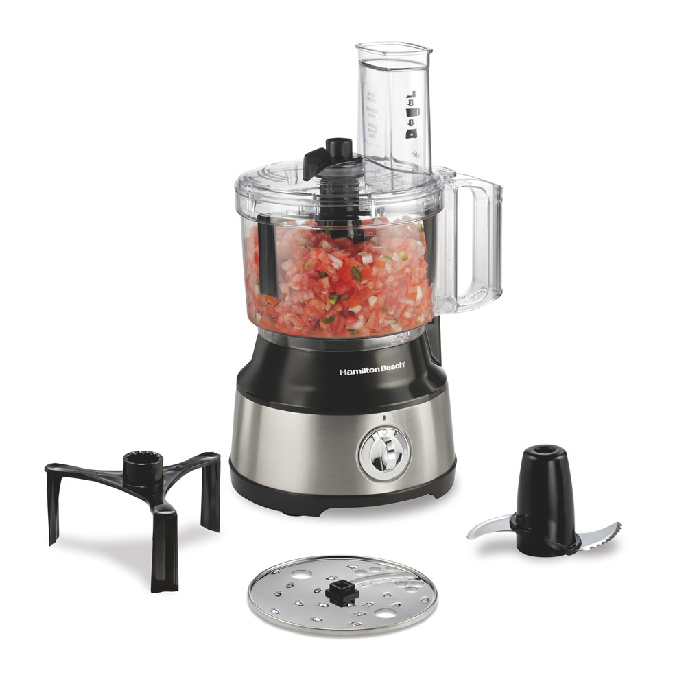 Hamilton Beach 70730J black-and-stainless 10-cup food processor with clear bowl, pusher and removable processing tools shown