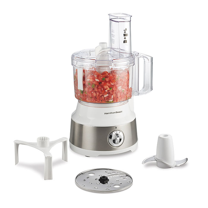 Hamilton Beach 70733 white-and-stainless 10-cup processor with clear bowl, integrated scraper assembly and separate S blade and reversible disc.