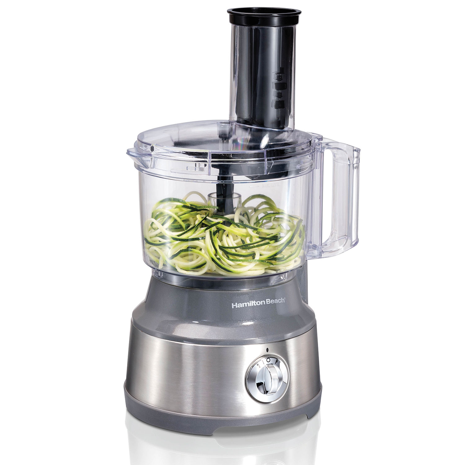 Hamilton Beach 70735 brushed-silver 10-cup food processor with clear bowl, spiralizing chute and staged vegetable noodles