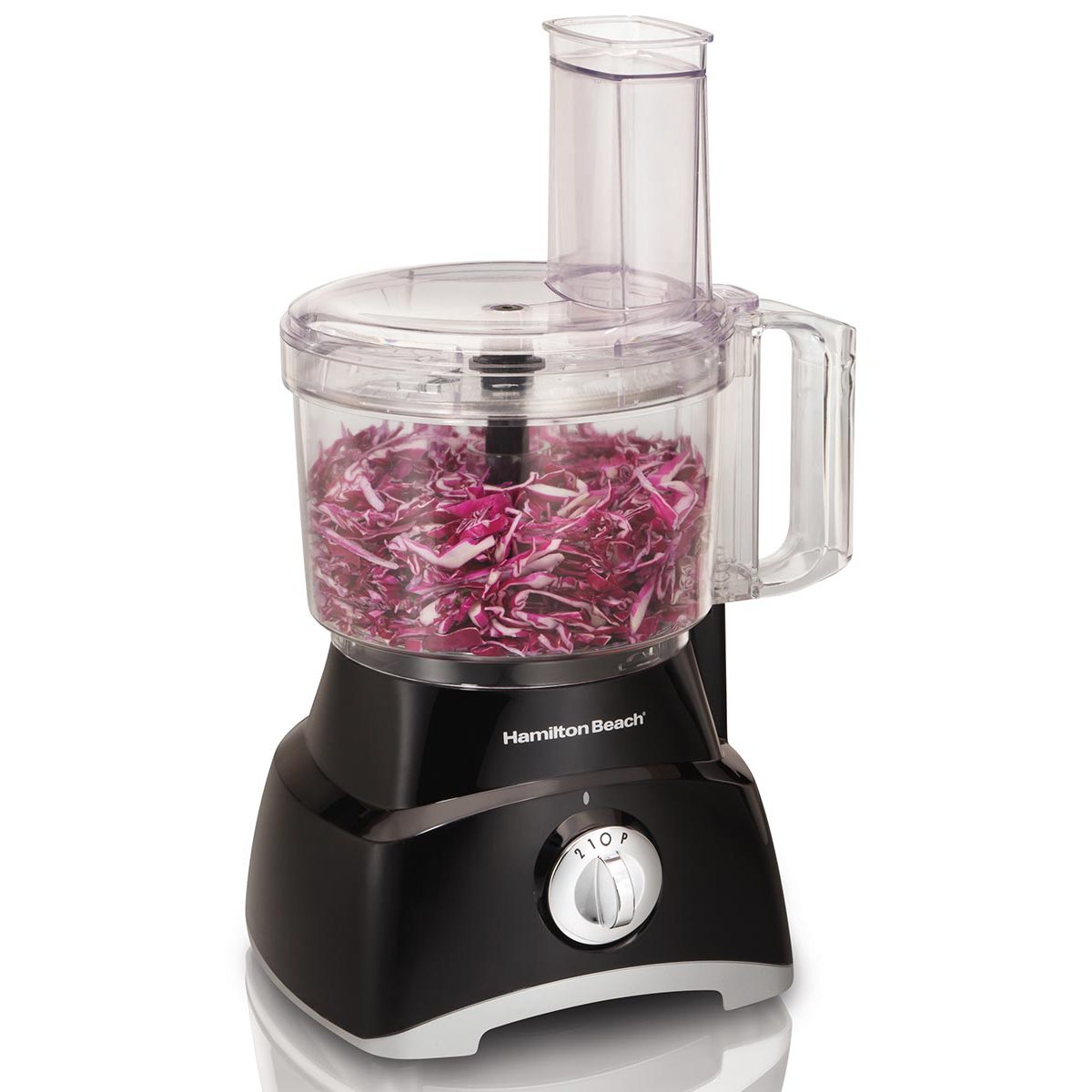 Exact Hamilton Beach 70740G black 8-cup food processor with clear bowl and feed chute; manufacturer image shows shredded red cabbage in the bowl.