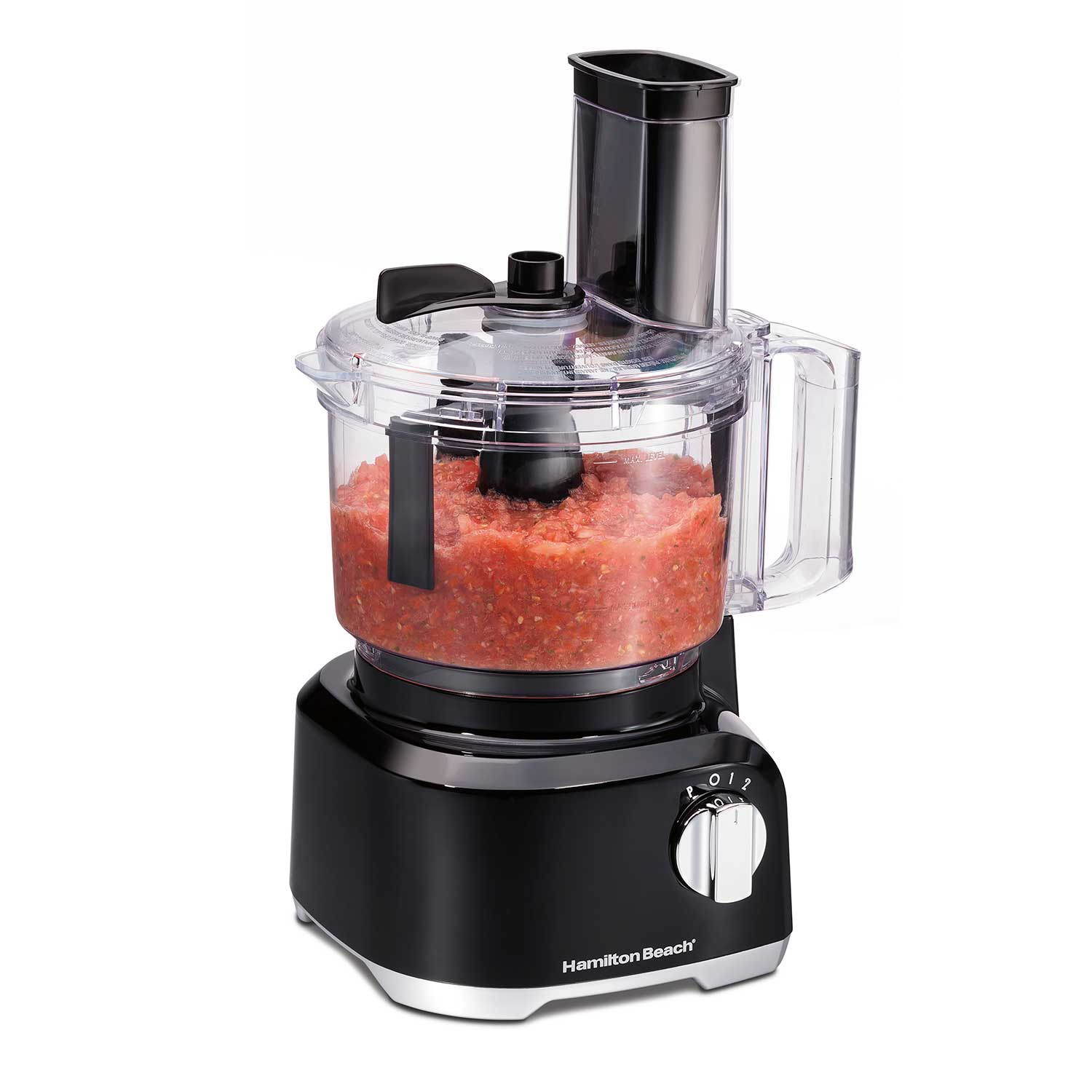 Hamilton Beach 70743J black 8-cup food processor with a clear work bowl, scraper mechanism and tall feed chute.