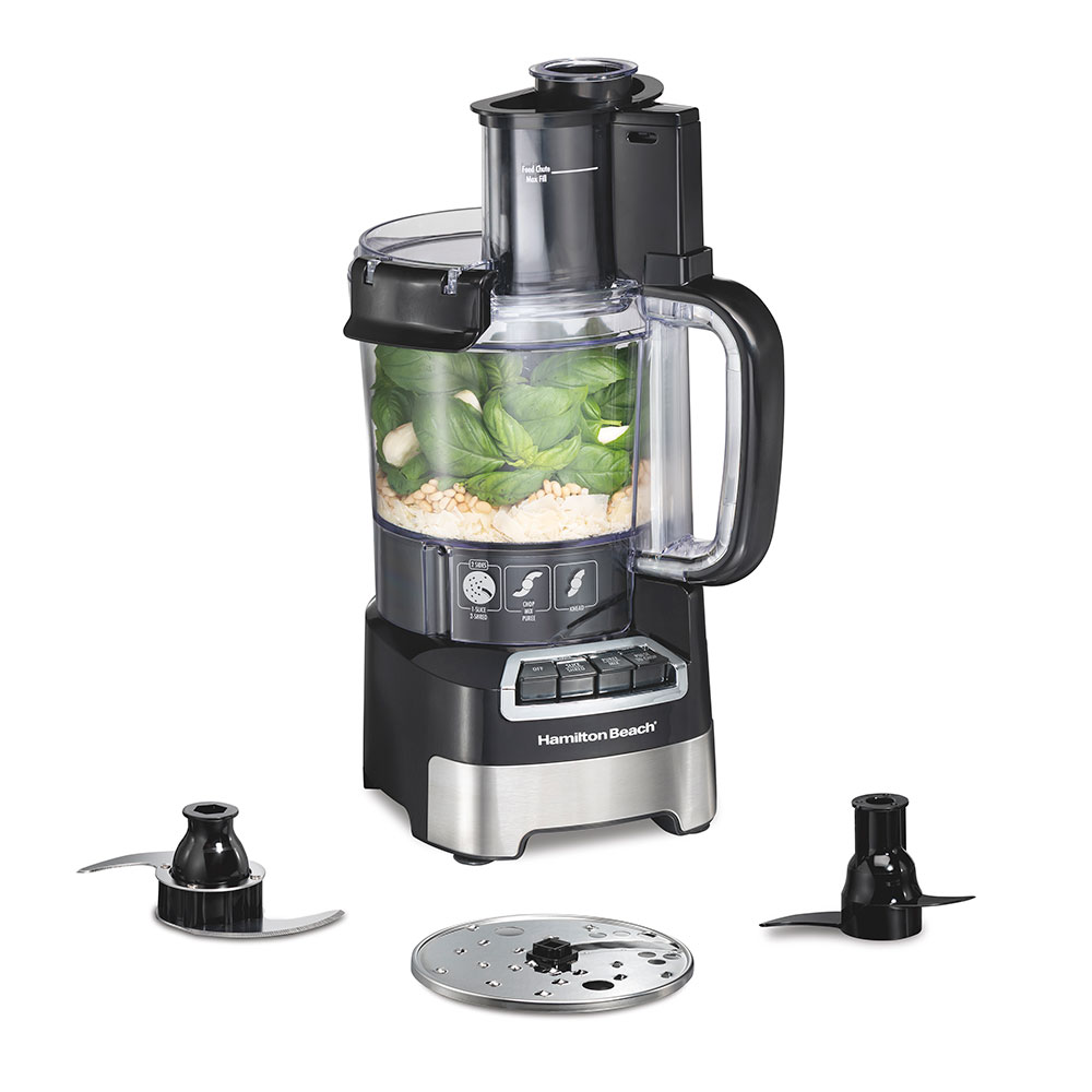 Hamilton Beach 70755 black-and-stainless 12-cup Stack & Snap food processor with chopping blade, dough blade and reversible disc