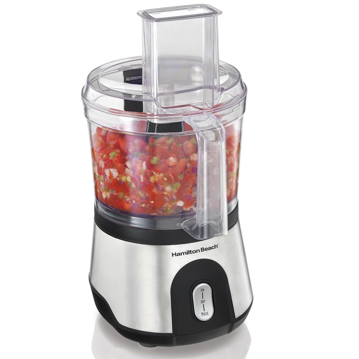 Robot culinaire Hamilton Beach 70760 10-cup avec socle argenté et noir, bol de travail transparent et goulotte d’alimentation.