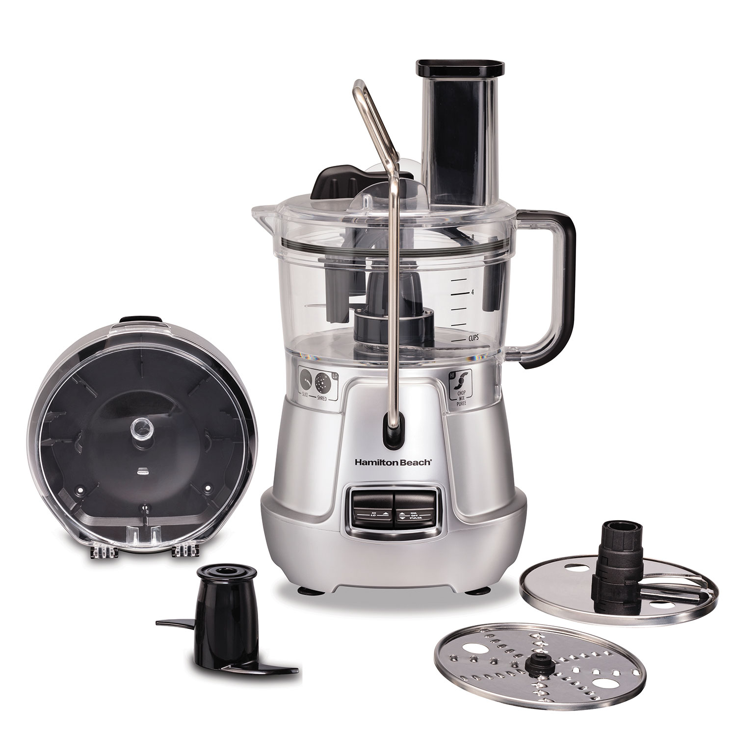 Robot culinaire Hamilton Beach 70820 de huit tasses avec bol transparent, racloir de couvercle, goulotte d’alimentation, étui pour accessoires, lame de hachage, disque de coupe réglable, disque réversible à râper et lame à pâte.