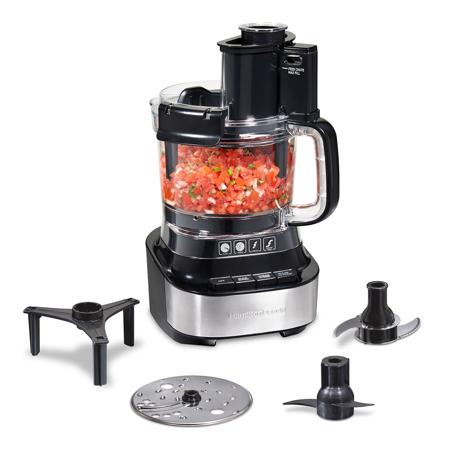 Hamilton Beach 70822FG Stack & Snap 10-cup processor with bowl scraper and its included disc and blades