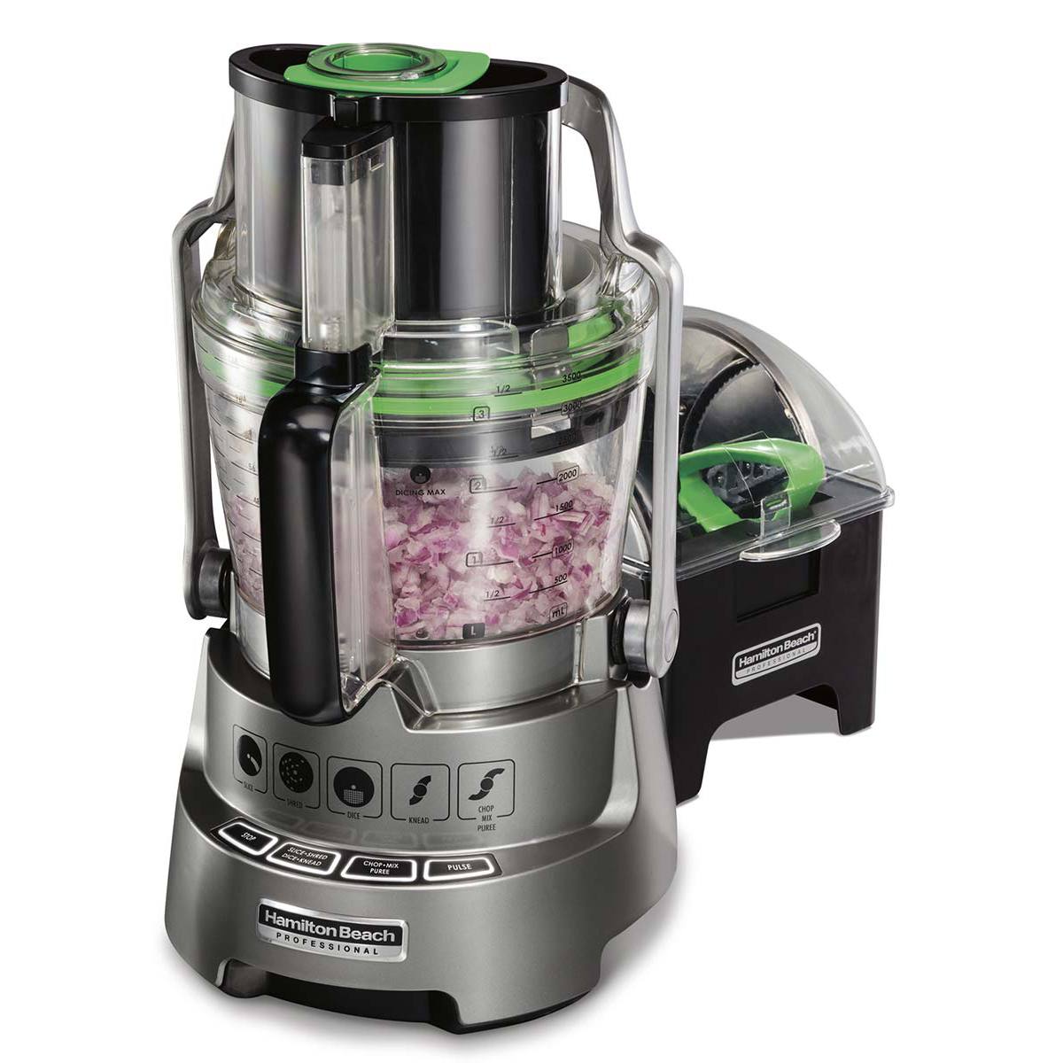 Hamilton Beach Professional 70825 food processor with green dicing assembly and storage case