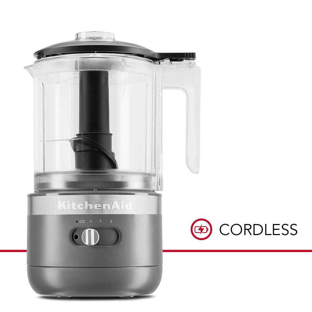 KitchenAid KFCB519DG Matte Charcoal Grey cordless five-cup chopper with handled bowl, clear lid and dark base.