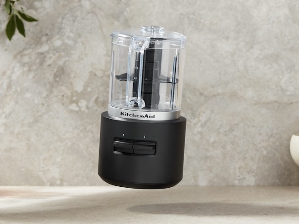 KitchenAid Go KFCR500BM five-cup cordless food chopper in Black Matte, shown assembled without its separately sold battery.