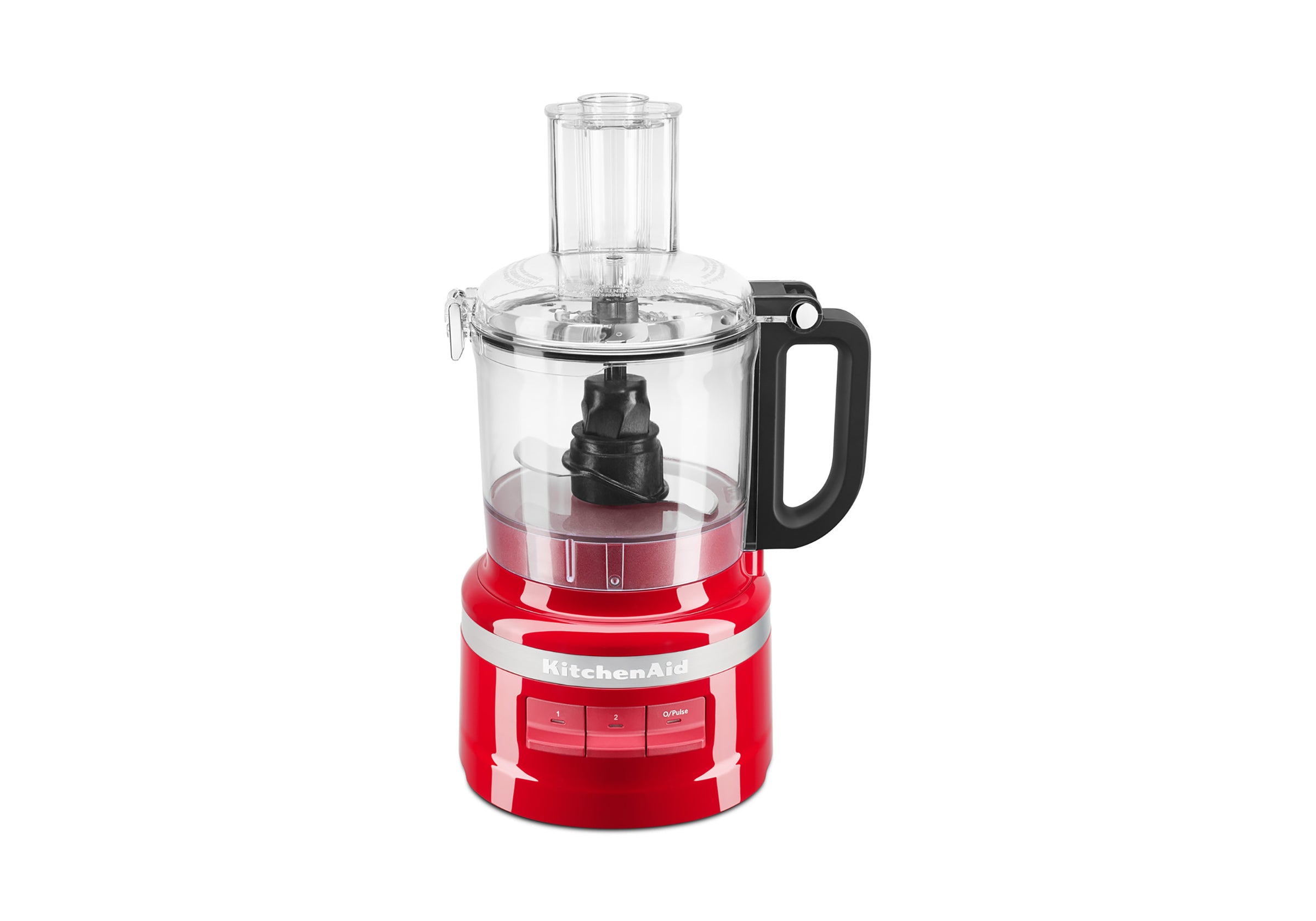 Red KitchenAid 7-cup KFP0719-family food processor shown with its operating bowl, lid, feed tube and multipurpose blade