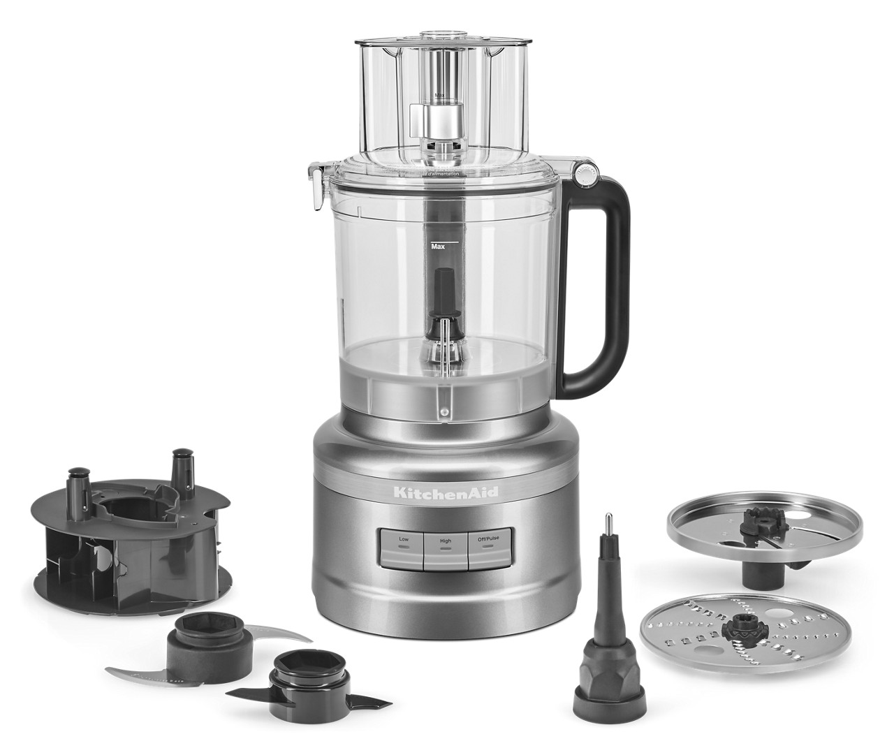 KitchenAid KFP1319CU Contour Silver processor with its dicing-grid components and accessories arranged beside it